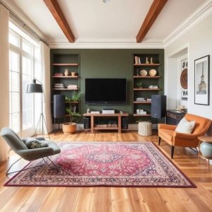 Comfortable living room with a couch, fireplace, and soft flooring accents